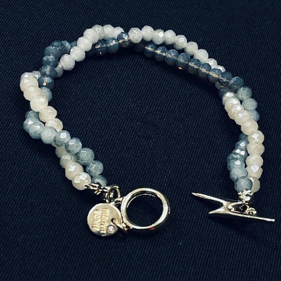~ NEW Marlyn Schiff Rare Beaded Bracelet Gray Double Lightning Bolt Toggle Gold - Picture 1 of 11